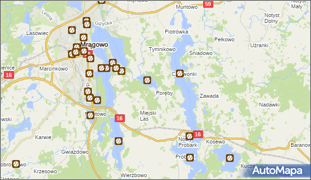 mapa Poręby gmina Mrągowo, Poręby gmina Mrągowo na mapie Targeo