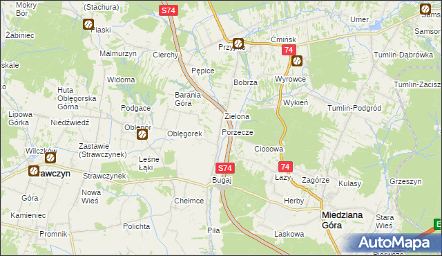 mapa Porzecze gmina Miedziana Góra, Porzecze gmina Miedziana Góra na mapie Targeo