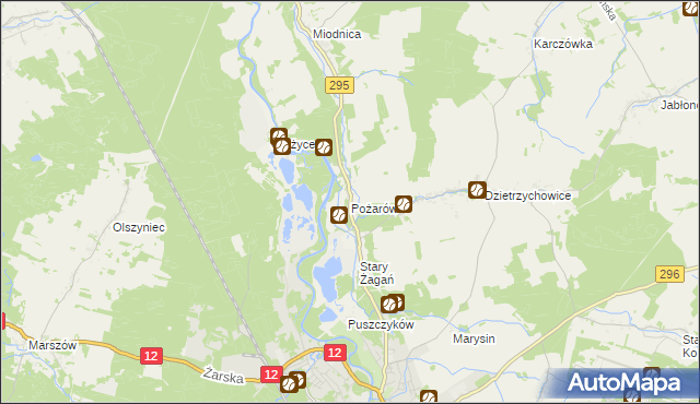 mapa Pożarów gmina Żagań, Pożarów gmina Żagań na mapie Targeo