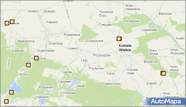 mapa Przybyszów gmina Kobiele Wielkie, Przybyszów gmina Kobiele Wielkie na mapie Targeo