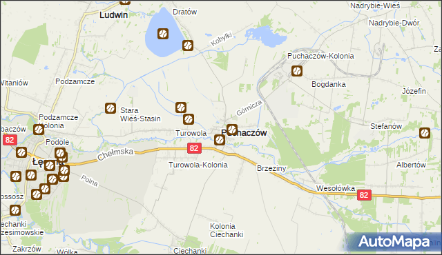 mapa Puchaczów powiat łęczyński, Puchaczów powiat łęczyński na mapie Targeo