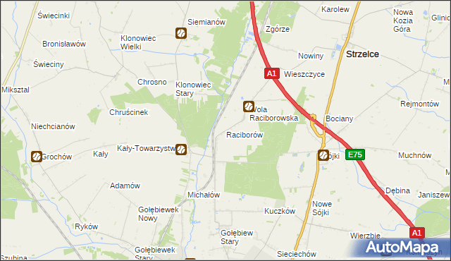 mapa Raciborów gmina Kutno, Raciborów gmina Kutno na mapie Targeo