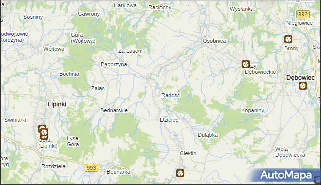 mapa Radość gmina Dębowiec, Radość gmina Dębowiec na mapie Targeo
