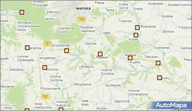 mapa Radwan gmina Iwaniska, Radwan gmina Iwaniska na mapie Targeo