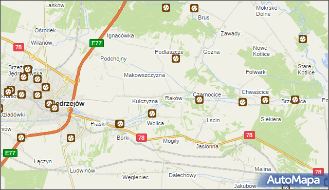 mapa Raków gmina Jędrzejów, Raków gmina Jędrzejów na mapie Targeo