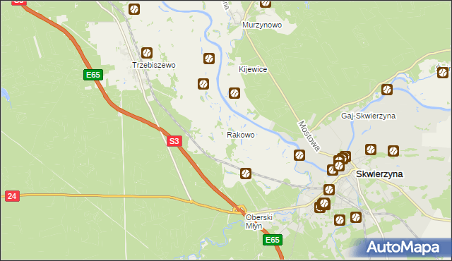 mapa Rakowo gmina Skwierzyna, Rakowo gmina Skwierzyna na mapie Targeo