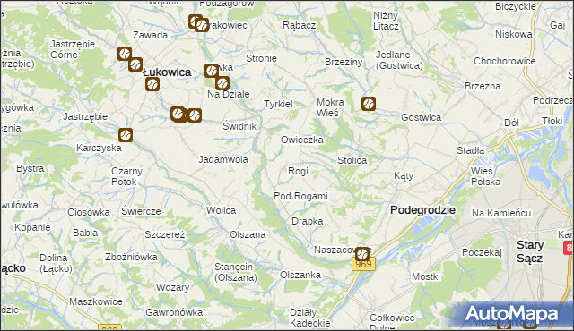 mapa Rogi gmina Podegrodzie, Rogi gmina Podegrodzie na mapie Targeo