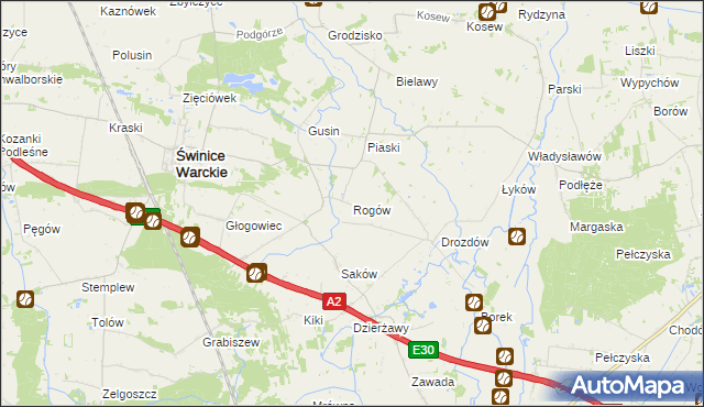 mapa Rogów gmina Świnice Warckie, Rogów gmina Świnice Warckie na mapie Targeo