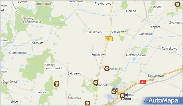 mapa Roszkowo gmina Miejska Górka, Roszkowo gmina Miejska Górka na mapie Targeo