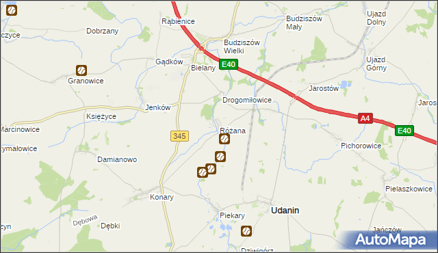 mapa Różana gmina Udanin, Różana gmina Udanin na mapie Targeo