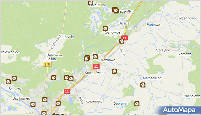 mapa Rożnowo gmina Oborniki, Rożnowo gmina Oborniki na mapie Targeo