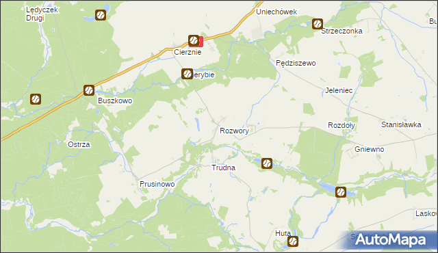 mapa Rozwory gmina Debrzno, Rozwory gmina Debrzno na mapie Targeo