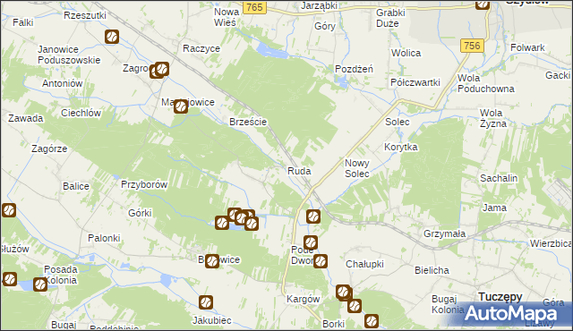 mapa Ruda gmina Gnojno, Ruda gmina Gnojno na mapie Targeo