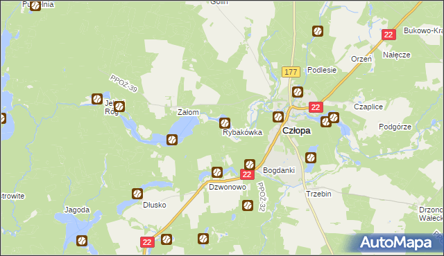 mapa Rybakówka gmina Człopa, Rybakówka gmina Człopa na mapie Targeo