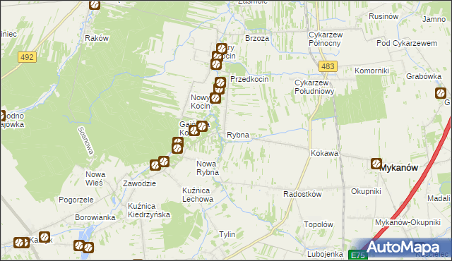 mapa Rybna gmina Mykanów, Rybna gmina Mykanów na mapie Targeo