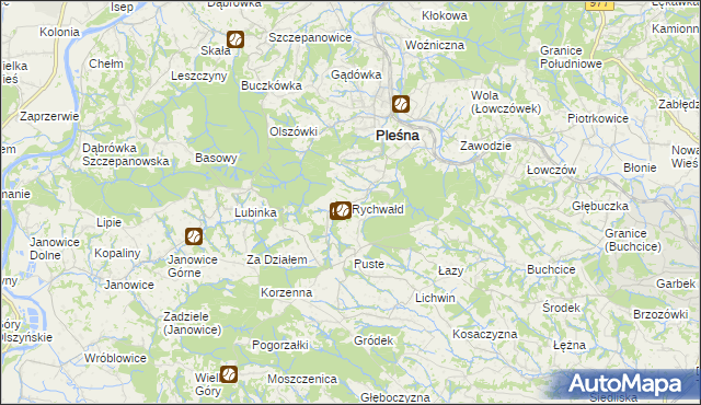 mapa Rychwałd gmina Pleśna, Rychwałd gmina Pleśna na mapie Targeo