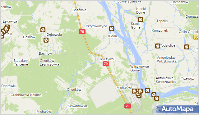 mapa Ryczywół gmina Kozienice, Ryczywół gmina Kozienice na mapie Targeo