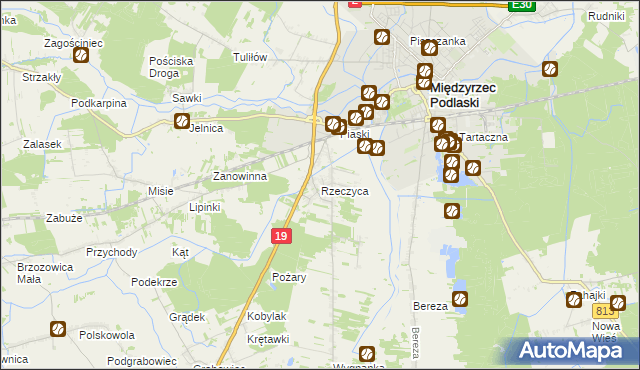 mapa Rzeczyca gmina Międzyrzec Podlaski, Rzeczyca gmina Międzyrzec Podlaski na mapie Targeo