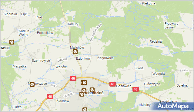 mapa Rzędowice gmina Dobrodzień, Rzędowice gmina Dobrodzień na mapie Targeo