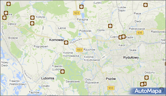 mapa Rzuchów gmina Kornowac, Rzuchów gmina Kornowac na mapie Targeo