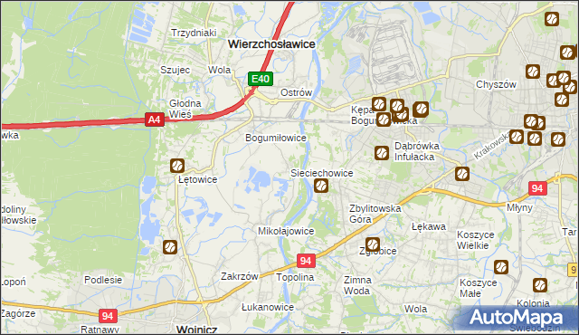 mapa Sieciechowice gmina Wierzchosławice, Sieciechowice gmina Wierzchosławice na mapie Targeo