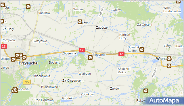 mapa Skrzynno gmina Wieniawa, Skrzynno gmina Wieniawa na mapie Targeo