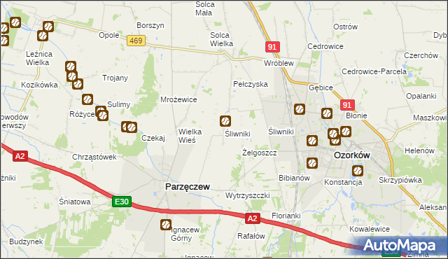 mapa Śliwniki gmina Parzęczew, Śliwniki gmina Parzęczew na mapie Targeo