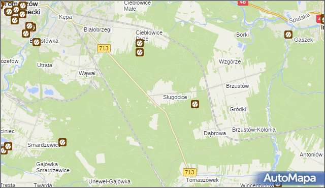 mapa Sługocice gmina Tomaszów Mazowiecki, Sługocice gmina Tomaszów Mazowiecki na mapie Targeo