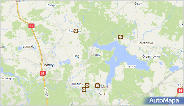 mapa Słupy gmina Dywity, Słupy gmina Dywity na mapie Targeo