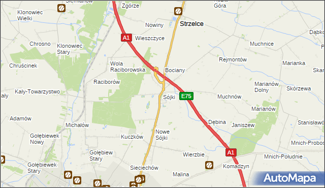 mapa Sójki gmina Strzelce, Sójki gmina Strzelce na mapie Targeo