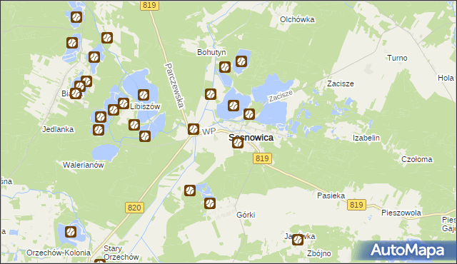 mapa Sosnowica powiat parczewski, Sosnowica powiat parczewski na mapie Targeo