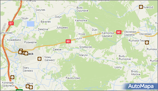 mapa Śródborze gmina Glinojeck, Śródborze gmina Glinojeck na mapie Targeo