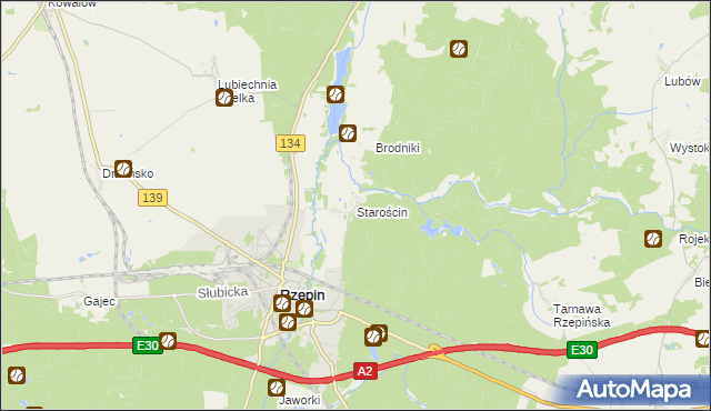 mapa Starościn gmina Rzepin, Starościn gmina Rzepin na mapie Targeo