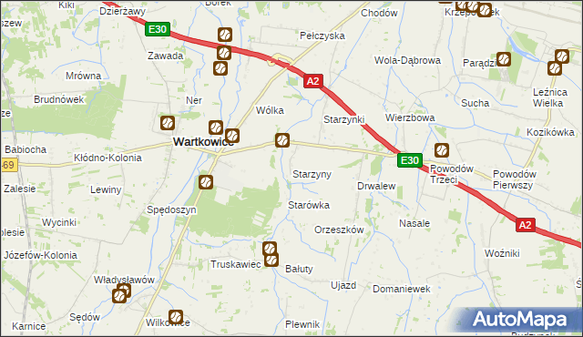 mapa Starzyny gmina Wartkowice, Starzyny gmina Wartkowice na mapie Targeo