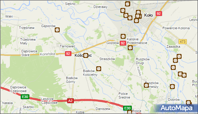 mapa Straszków gmina Kościelec, Straszków gmina Kościelec na mapie Targeo