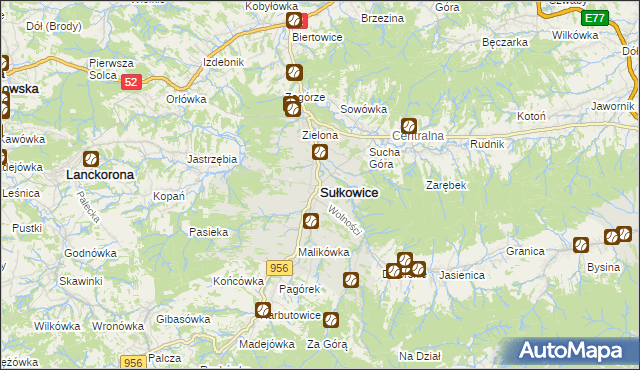 mapa Sułkowice powiat myślenicki, Sułkowice powiat myślenicki na mapie Targeo