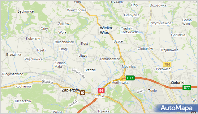mapa Tomaszowice gmina Wielka Wieś, Tomaszowice gmina Wielka Wieś na mapie Targeo