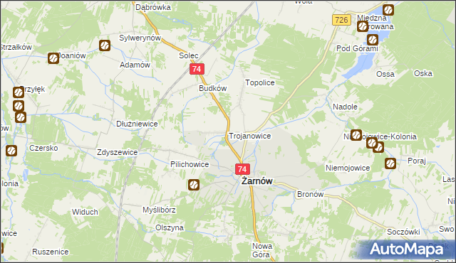 mapa Trojanowice gmina Żarnów, Trojanowice gmina Żarnów na mapie Targeo