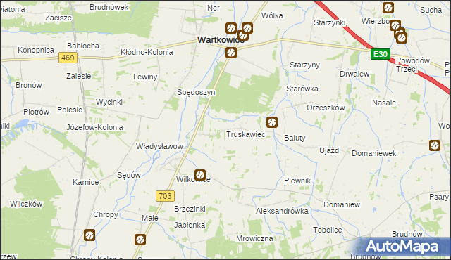 mapa Truskawiec gmina Wartkowice, Truskawiec gmina Wartkowice na mapie Targeo