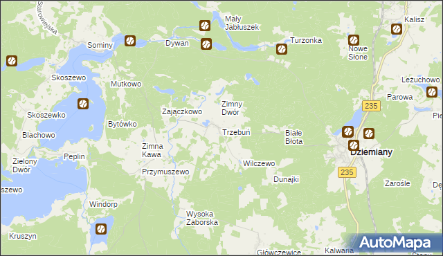 mapa Trzebuń gmina Dziemiany, Trzebuń gmina Dziemiany na mapie Targeo