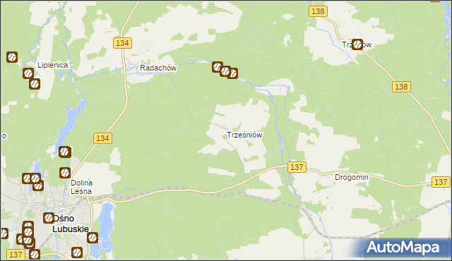 mapa Trześniów gmina Ośno Lubuskie, Trześniów gmina Ośno Lubuskie na mapie Targeo