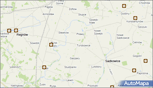 mapa Turobowice gmina Sadkowice, Turobowice gmina Sadkowice na mapie Targeo