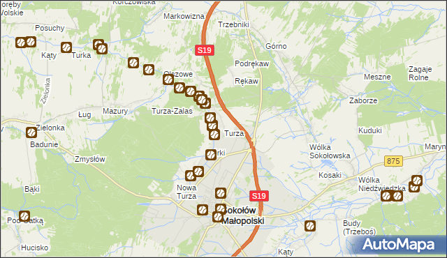 mapa Turza gmina Sokołów Małopolski, Turza gmina Sokołów Małopolski na mapie Targeo