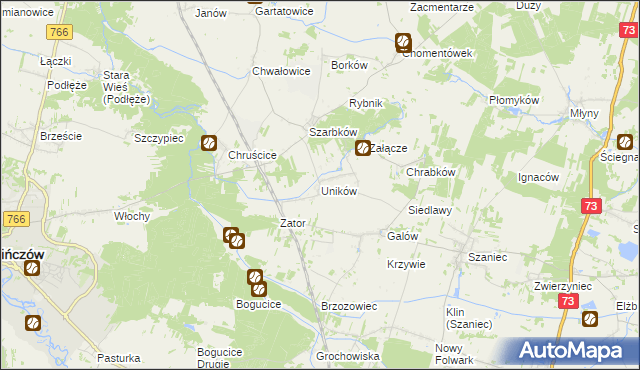 mapa Uników gmina Pińczów, Uników gmina Pińczów na mapie Targeo