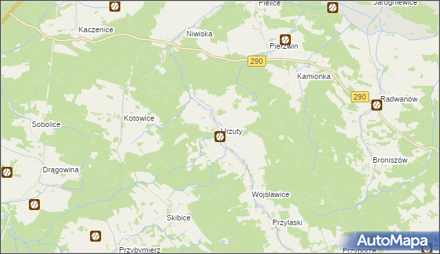 mapa Urzuty gmina Nowogród Bobrzański, Urzuty gmina Nowogród Bobrzański na mapie Targeo