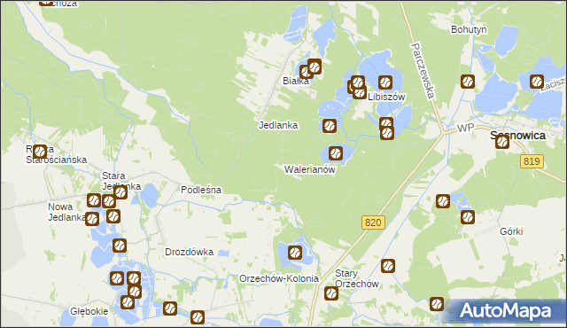 mapa Walerianów gmina Sosnowica, Walerianów gmina Sosnowica na mapie Targeo