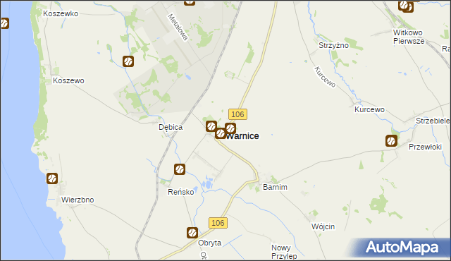 mapa Warnice powiat pyrzycki, Warnice powiat pyrzycki na mapie Targeo