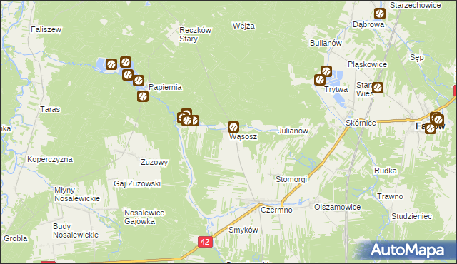 mapa Wąsosz gmina Fałków, Wąsosz gmina Fałków na mapie Targeo