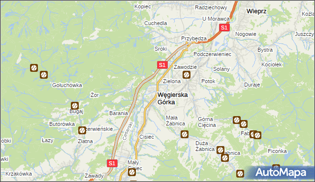 mapa Węgierska Górka, Węgierska Górka na mapie Targeo