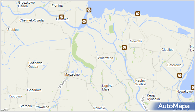 mapa Wężowiec gmina Nowy Dwór Gdański, Wężowiec gmina Nowy Dwór Gdański na mapie Targeo